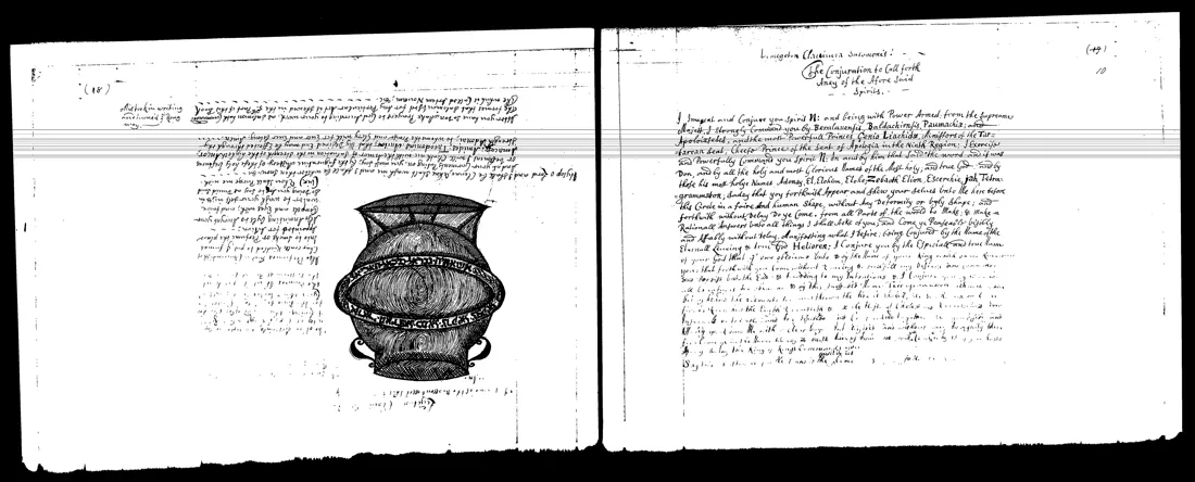 Ars Goetia — lámina grabada · Vaso de bronce y conjuracion · dominio público