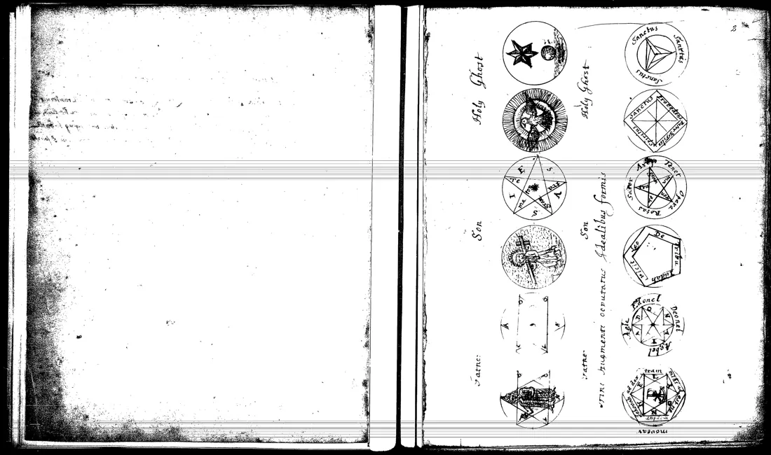 Janua Magica Reserata — lámina grabada · Trinitarian figures and seals · dominio público