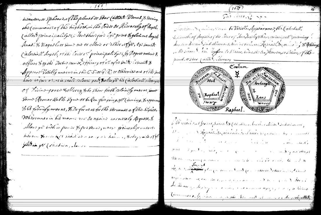 Janua Magica Reserata — lámina grabada · Raphael y pentaculos de Mercury · dominio público