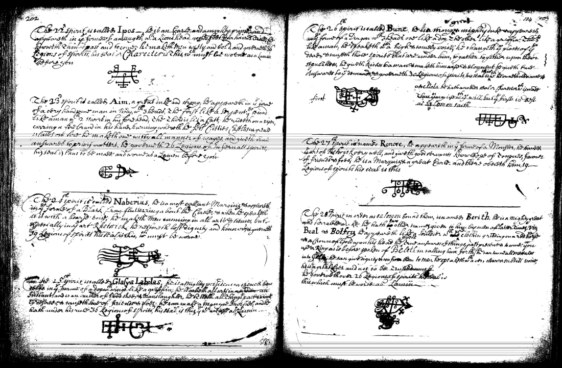 Janua Magica Reserata — lámina grabada · Ipos, Aim, Naberius, Glasya Labolas, Bune, Ron · dominio público