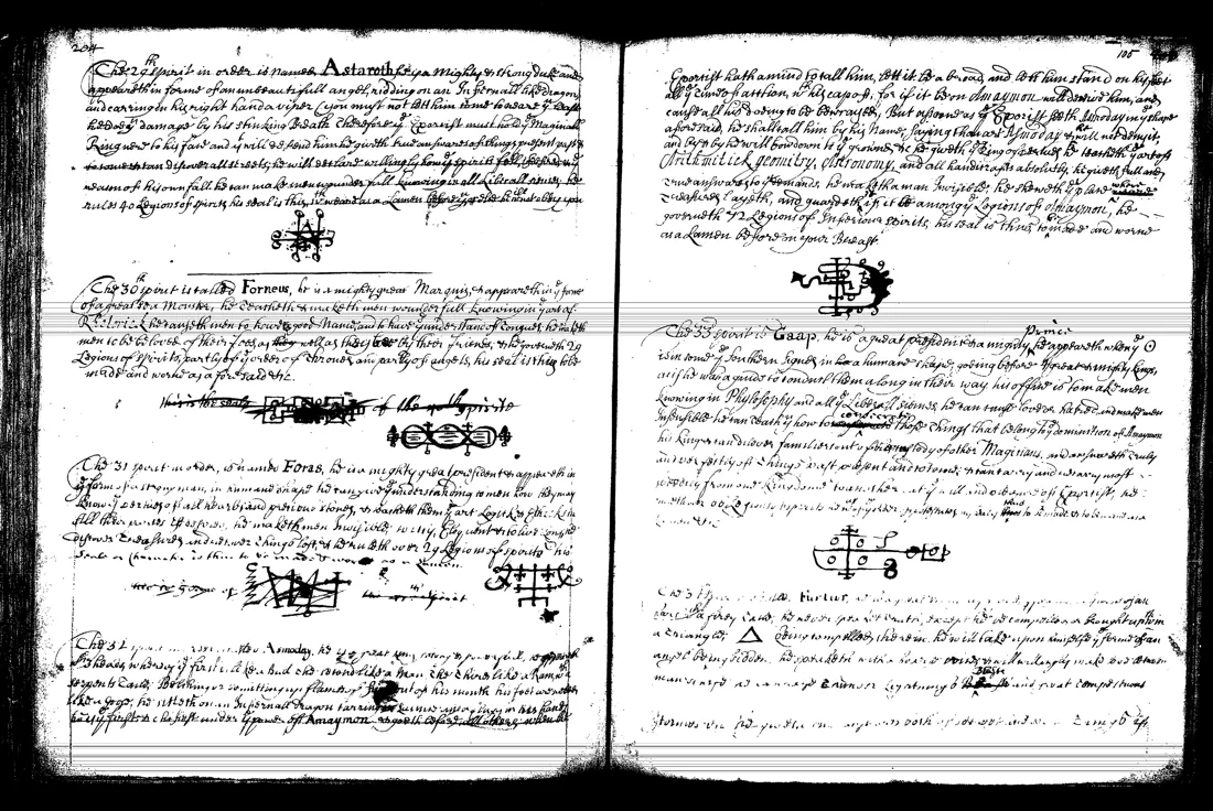 Janua Magica Reserata — lámina grabada · Astaroth, Forneus, Foras, Asmoday, Gaap, Furfur · dominio público