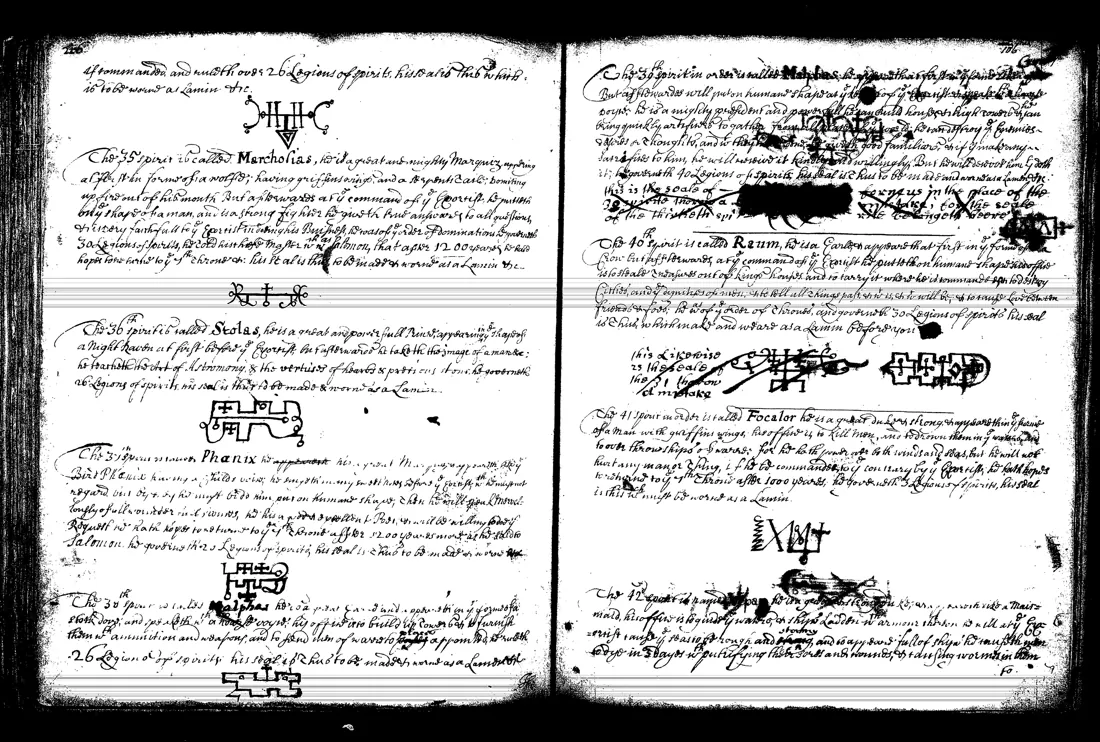 Janua Magica Reserata — lámina grabada · Marchosias, Stolas, Phenix, Malphas, Raum · dominio público