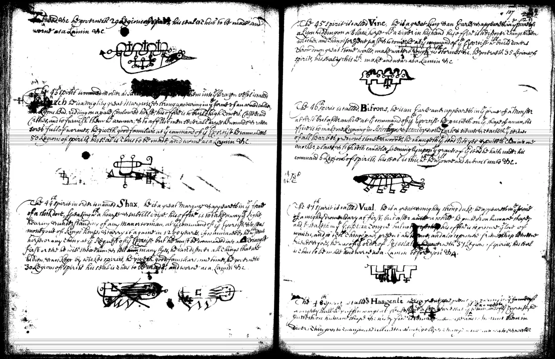 Janua Magica Reserata — lámina grabada · Sabnock, Shax, Vine, Bifrons, Vual · dominio público