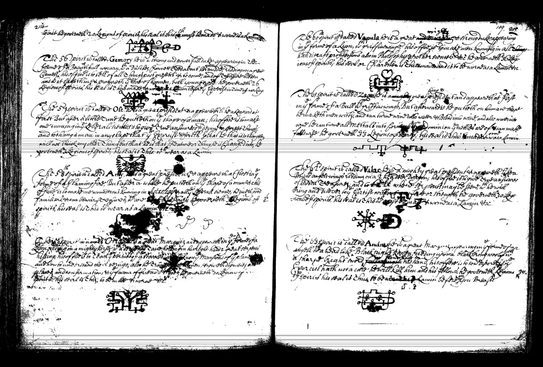 Janua Magica Reserata — lámina grabada · Gemory, Ose, Amy, Orias, Vapula, Zagan, Valac, · dominio público