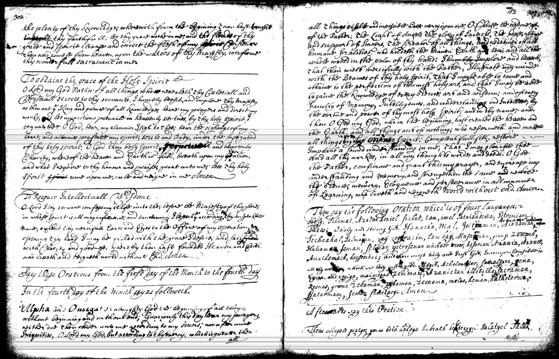 Ars Notoria — facsímil · Gracia del Espíritu Santo; oración en cuatro lenguas · dominio público