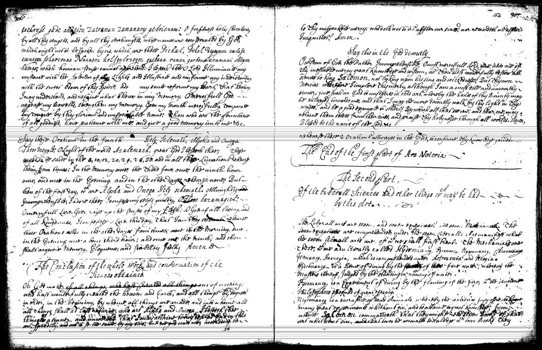 Ars Notoria — facsímil · Fin de la Parte I; comienzo de la Parte II · dominio público
