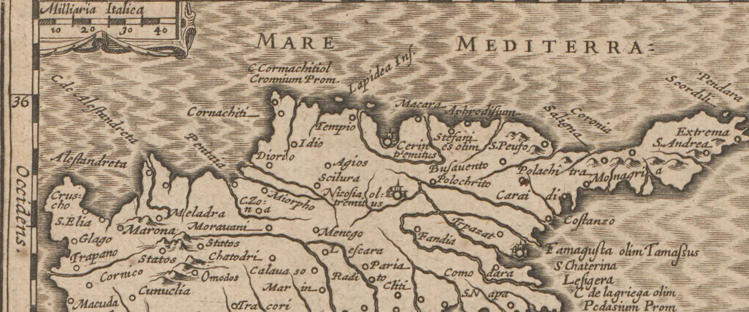 Detalle del mapa de Hondius 1616: la cordillera de Kyrenia como línea este-oeste y los ríos del interior de Chipre