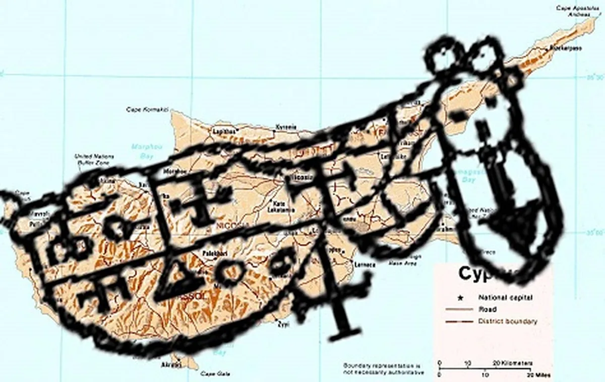 Figura de John R. King: el sello de Bune superpuesto sobre un mapa moderno de Chipre