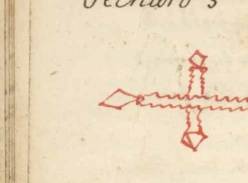 El mismo carácter de Bechard, dibujado a mano en tinta roja y verde en «L'Art Magique» (Wellcome MS.983, ~1709) — el testigo francés más cercano al Grimorium Verum impreso. Dominio público.
