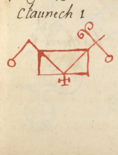 El mismo carácter de Clauneck, dibujado a mano en tinta roja y verde en «L'Art Magique» (Wellcome MS.983, ~1709) — el testigo francés más cercano al Grimorium Verum impreso. Dominio público.