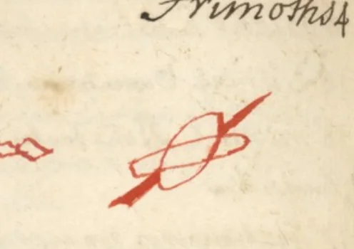 El mismo carácter de Frimost, dibujado a mano en tinta roja y verde en «L'Art Magique» (Wellcome MS.983, ~1709) — el testigo francés más cercano al Grimorium Verum impreso. Dominio público.