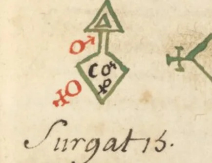 El mismo carácter de Frucissiere, dibujado a mano en tinta roja y verde en «L'Art Magique» (Wellcome MS.983, ~1709) — el testigo francés más cercano al Grimorium Verum impreso. Dominio público.