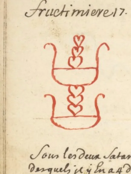 El mismo carácter de Frutimiere, dibujado a mano en tinta roja y verde en «L'Art Magique» (Wellcome MS.983, ~1709) — el testigo francés más cercano al Grimorium Verum impreso. Dominio público.