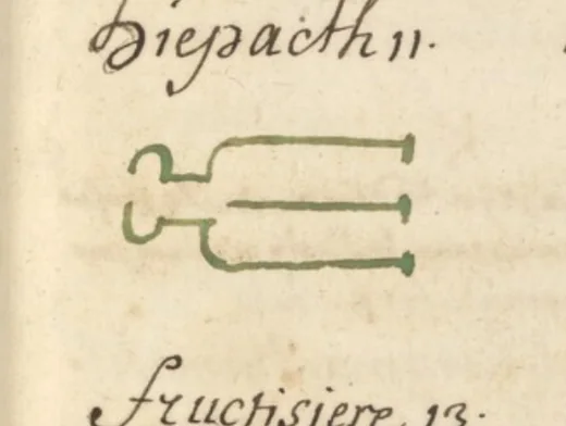 El mismo carácter de Hicpacth, dibujado a mano en tinta roja y verde en «L'Art Magique» (Wellcome MS.983, ~1709) — el testigo francés más cercano al Grimorium Verum impreso. Dominio público.