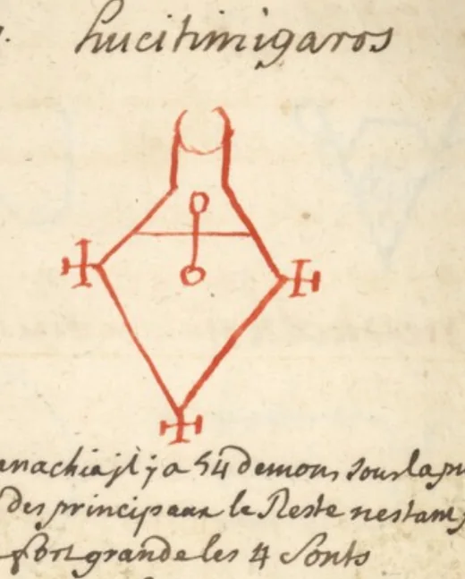 El mismo carácter de Huictiigaras, dibujado a mano en tinta roja y verde en «L'Art Magique» (Wellcome MS.983, ~1709) — el testigo francés más cercano al Grimorium Verum impreso. Dominio público.