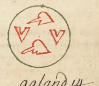 El mismo carácter de Humots, dibujado a mano en tinta roja y verde en «L'Art Magique» (Wellcome MS.983, ~1709) — el testigo francés más cercano al Grimorium Verum impreso. Dominio público.