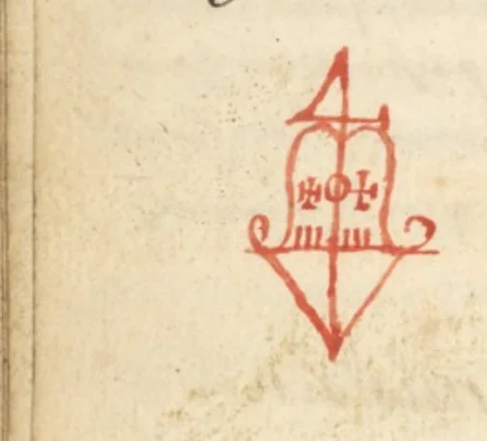 El mismo carácter de Klepoth, dibujado a mano en tinta roja y verde en «L'Art Magique» (Wellcome MS.983, ~1709) — el testigo francés más cercano al Grimorium Verum impreso. Dominio público.
