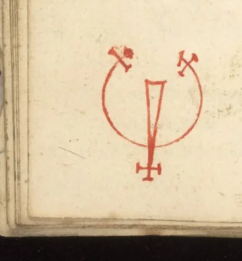 El mismo carácter de Mersilde, dibujado a mano en tinta roja y verde en «L'Art Magique» (Wellcome MS.983, ~1709) — el testigo francés más cercano al Grimorium Verum impreso. Dominio público.