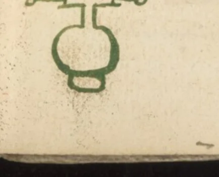 El mismo carácter de Surgat, dibujado a mano en tinta roja y verde en «L'Art Magique» (Wellcome MS.983, ~1709) — el testigo francés más cercano al Grimorium Verum impreso. Dominio público.